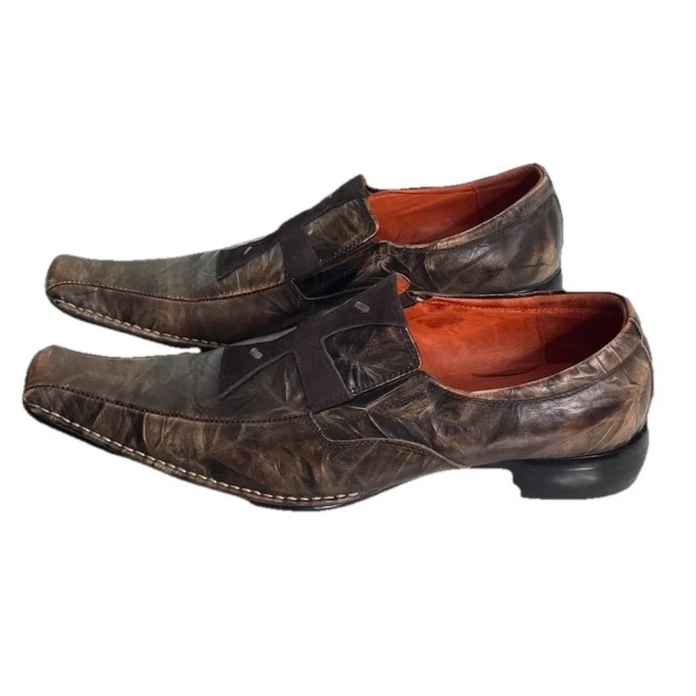 Robert Wayne Distressed Brown Leather Slip-Ons with Suede Cross Accent